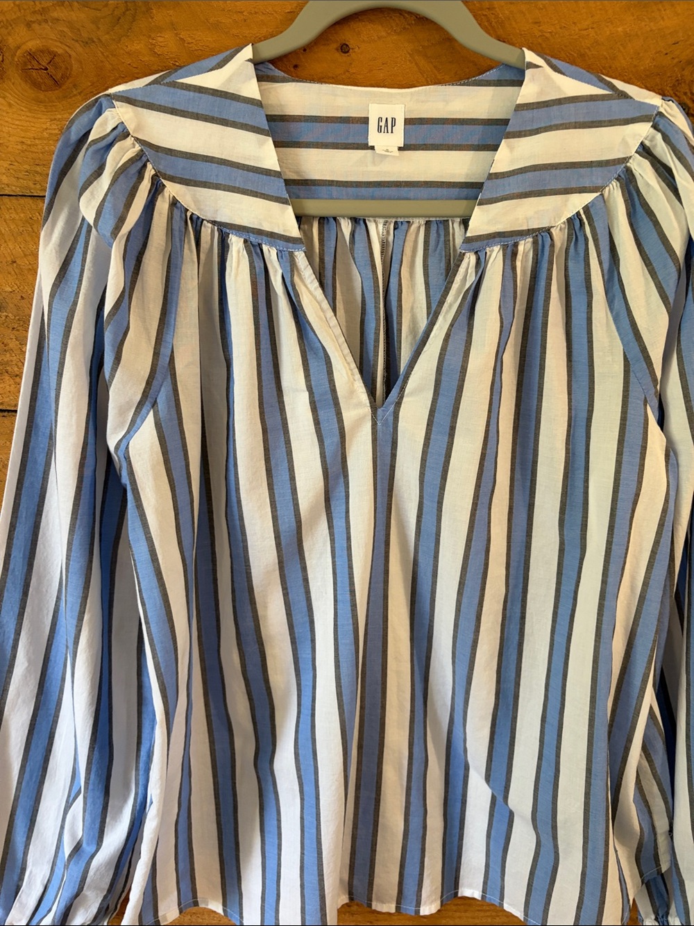 GAP Blue, White and Gray Striped V-Neck Peasant Top